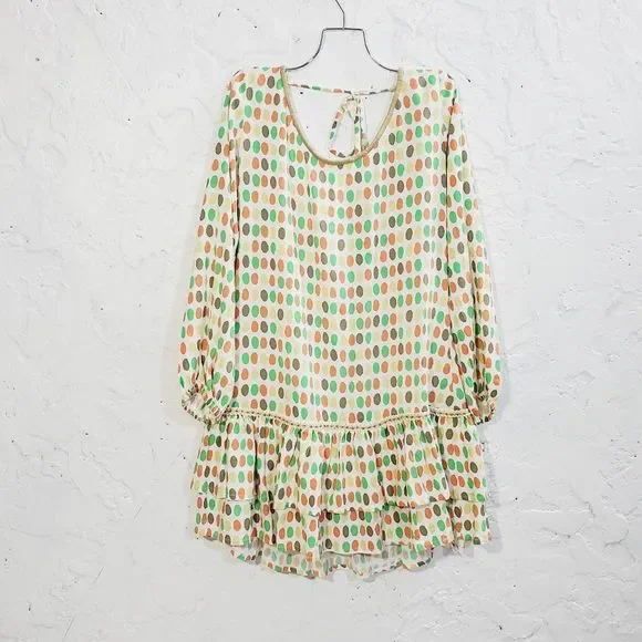 5x25 Skemo dotted mini fringe long sleeve open back ruffle dress size medium - Picture 4 of 14